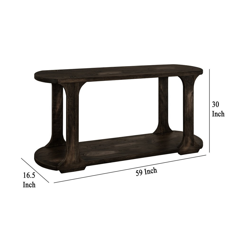 Benjara Eray Sofa Console Table, 1 Shelf, Oblong Frame, Black Teak, 59 Inch