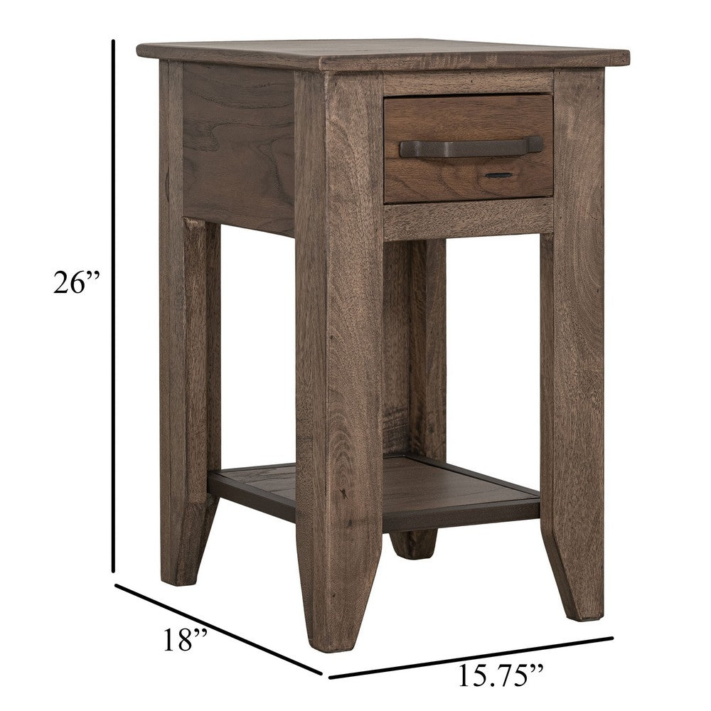Benjara Tacey Chairside Table, 1 Drawer, 1 Shelf, Peanut Brown Wood, 18 Inch