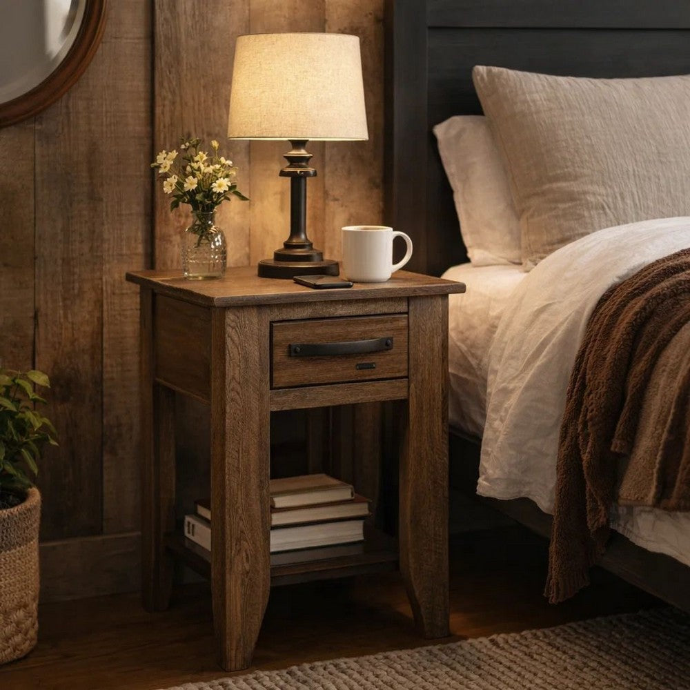 Benjara Tacey Chairside Table, 1 Drawer, 1 Shelf, Peanut Brown Wood, 18 Inch