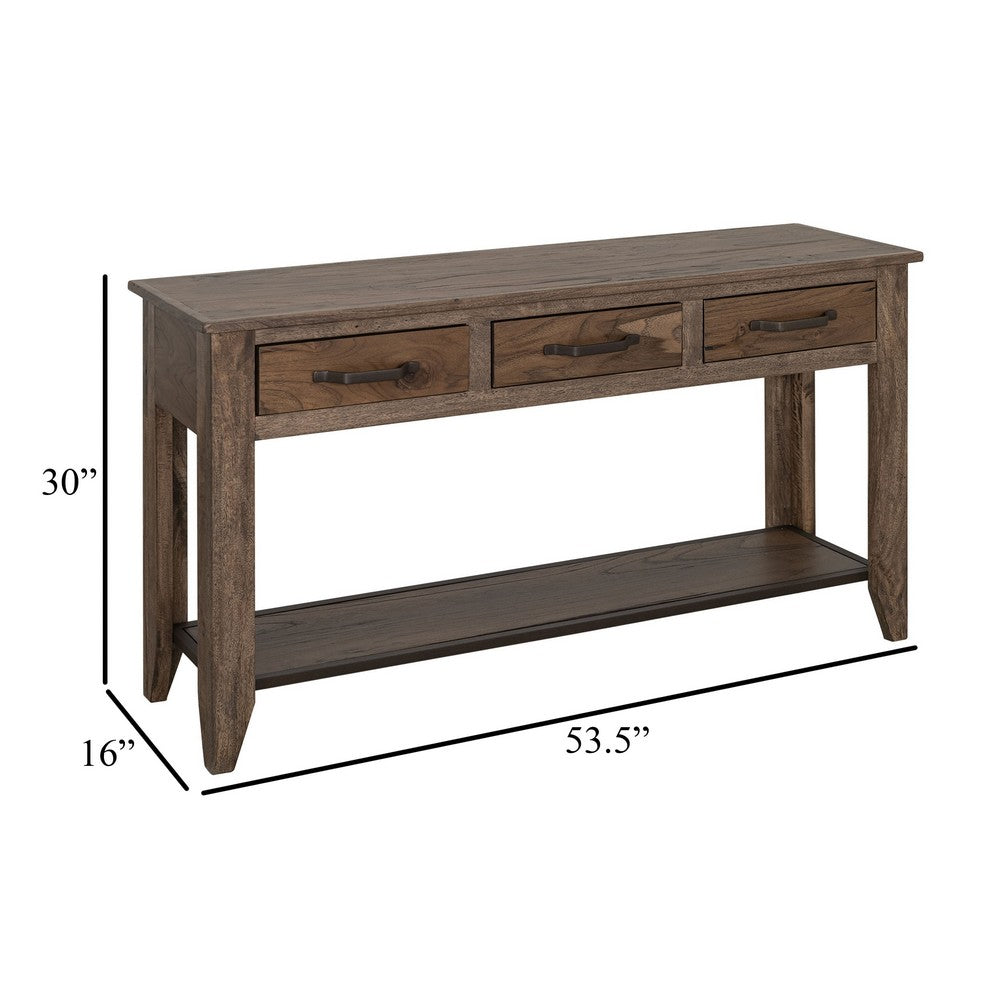 Benjara Tacey Sofa Console Table, 3 Drawers, Rustic Peanut Brown Wood, 54 Inch
