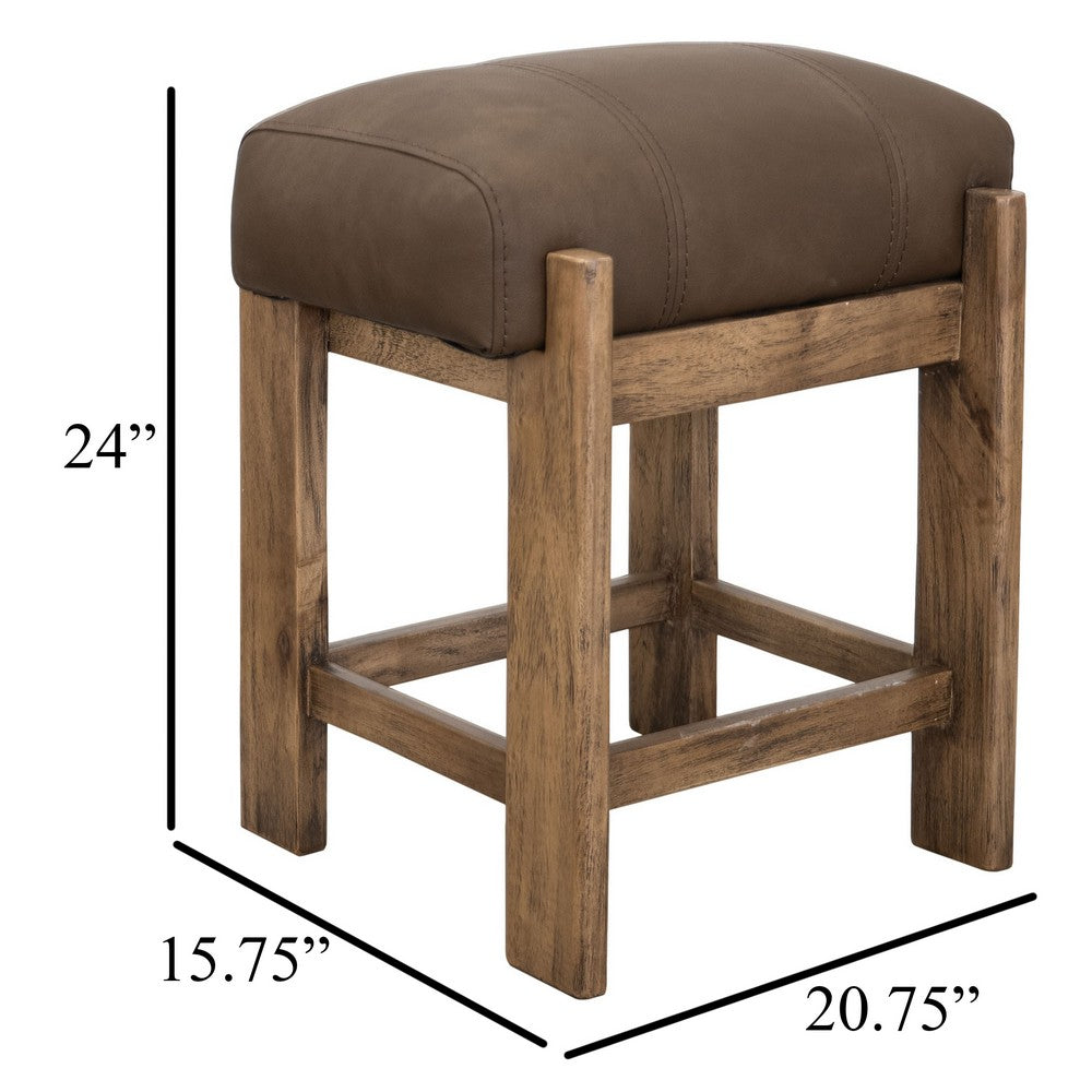 Benjara Eray Counter Stool, Almond Barrel Brown, Rustic Dark Faux Leather