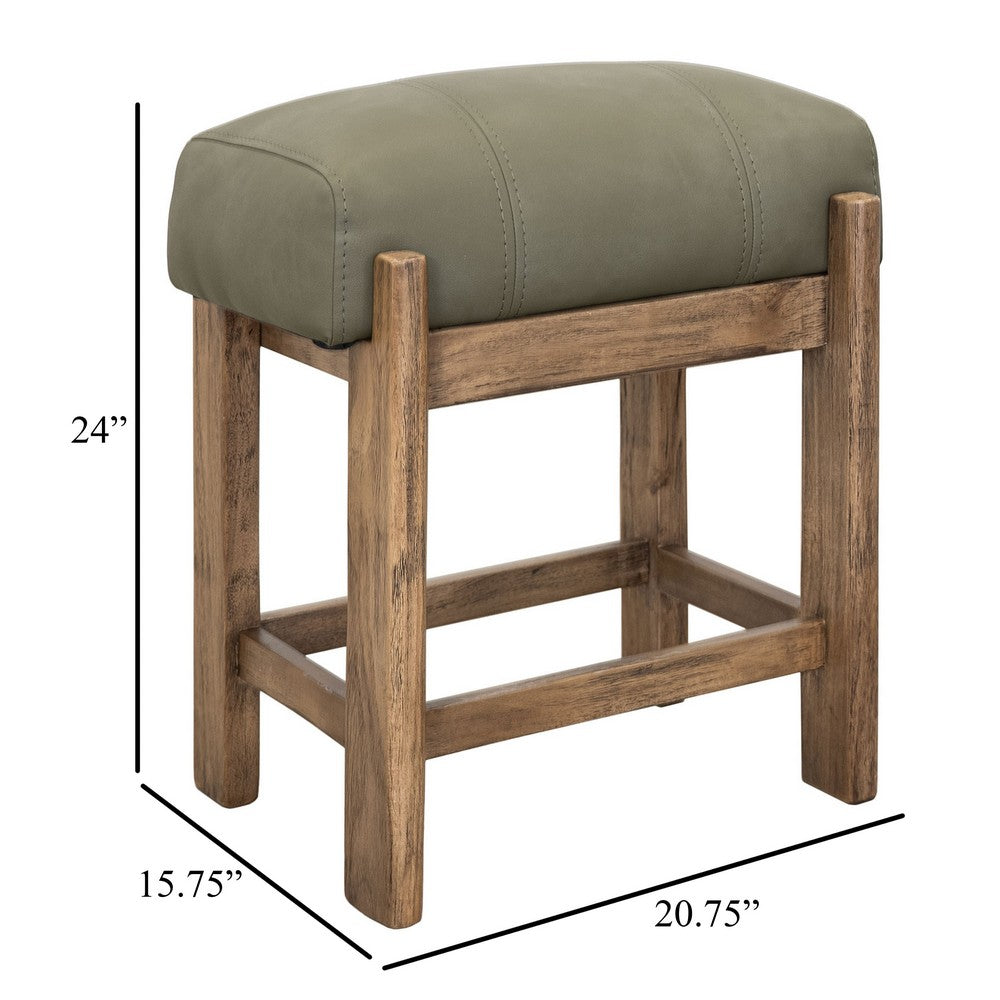 Benjara Eray Counter Stool, Almond, Barrel Brown, Olive Green Faux Leather