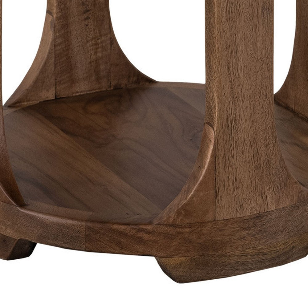 Benjara Eray Chairside Table, Shelf, Almond Barrel Brown Mango Wood, 18 Inch