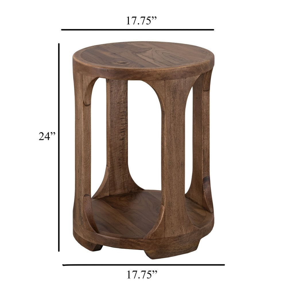 Benjara Eray Chairside Table, Shelf, Almond Barrel Brown Mango Wood, 18 Inch