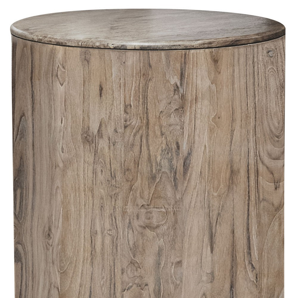 Benjara Eray Chairside Table, Drum Shape, Light Brown Teak, Mango Wood, 18 In