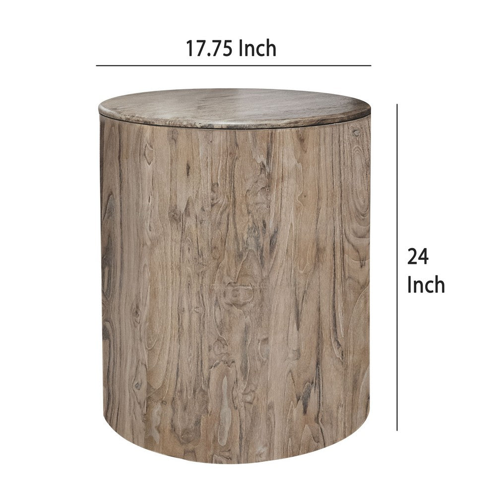 Benjara Eray Chairside Table, Drum Shape, Light Brown Teak, Mango Wood, 18 In