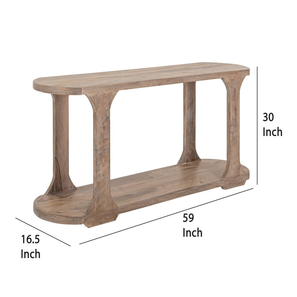 Benjara Eray 59 Inch Sofa Console Table w Shelf, Oblong Frame, Brown Teak Wood