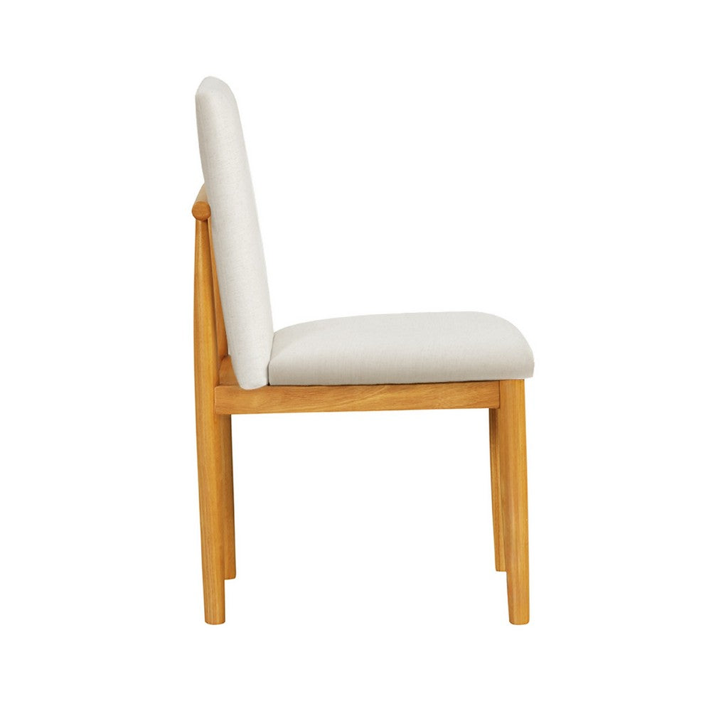 Benjara Side Dining Chair Set of 2, Solid Wood, Cream Textured Woven Fabric