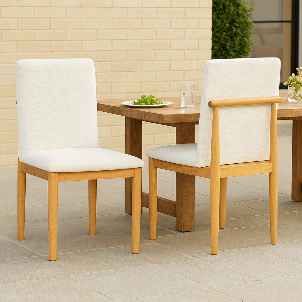 Benjara Side Dining Chair Set of 2, Solid Wood, Cream Textured Woven Fabric