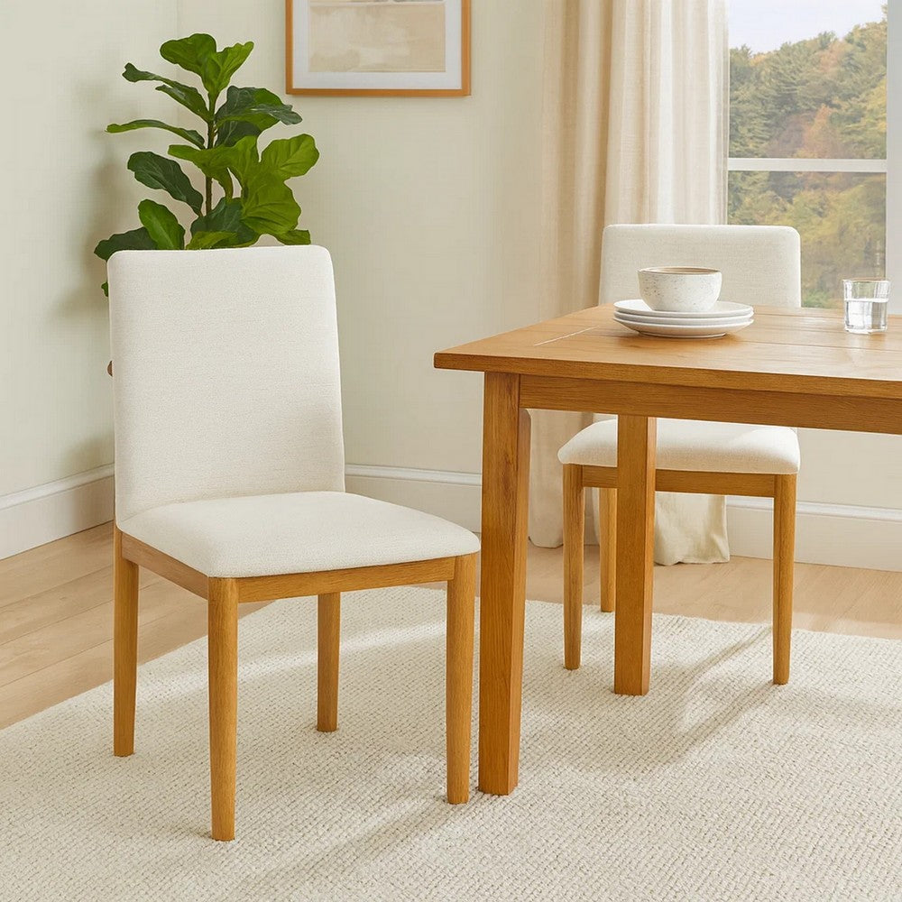 Benjara Side Dining Chair Set of 2, Solid Wood, Cream Textured Woven Fabric