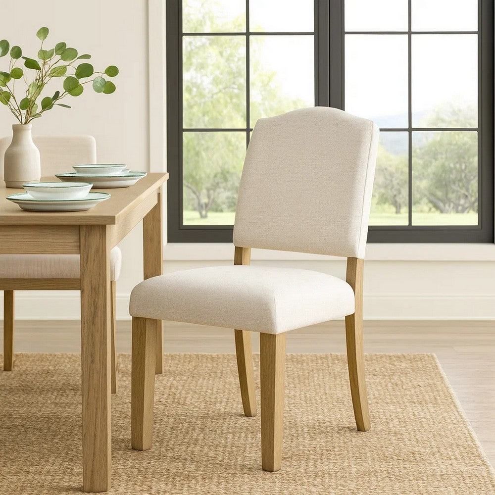 Benjara Side Dining Chair, Open Back Solid Wood Frame, Cream Woven Fabric