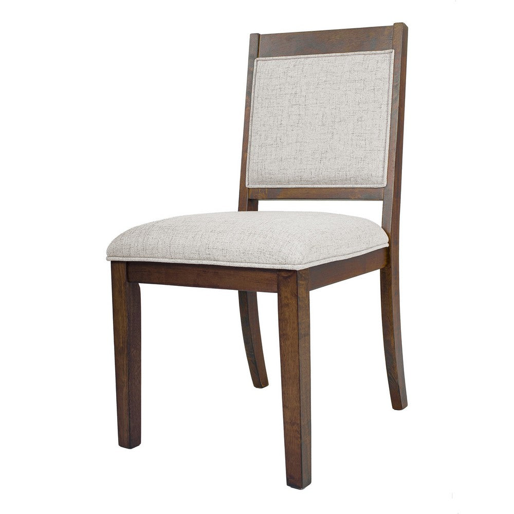 Benjara Tom Side Dining Chair Set of 2, Brown Solid Wood, Ivory Woven Fabric