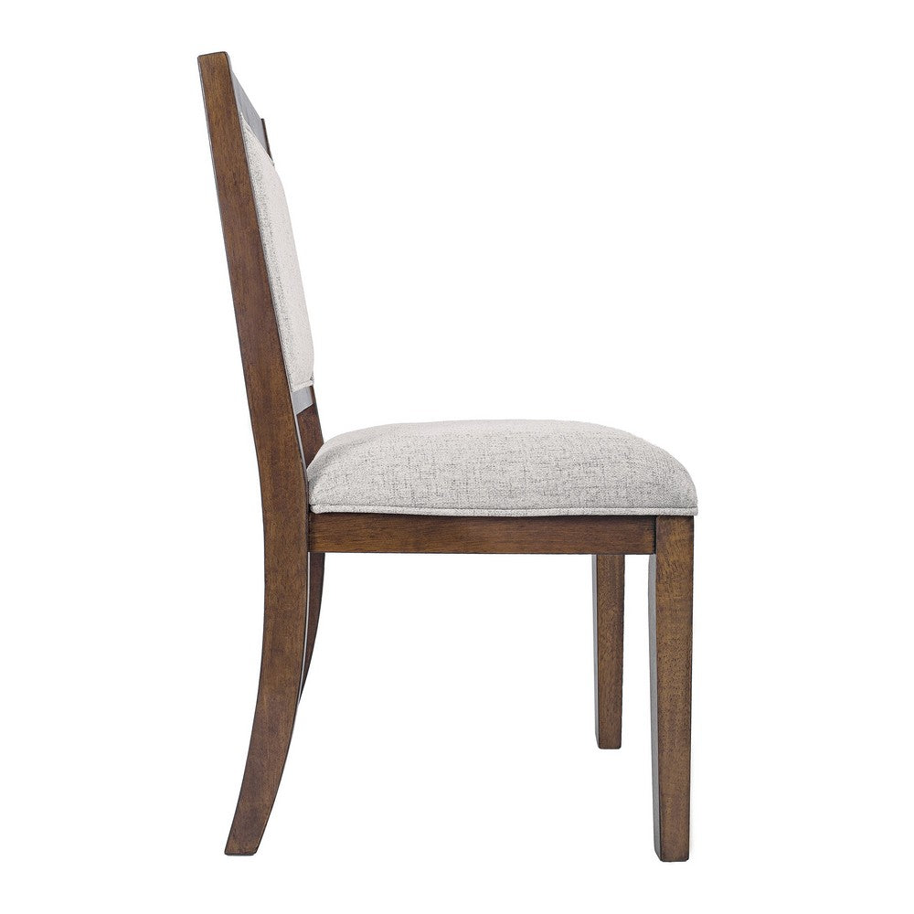 Benjara Tom Side Dining Chair Set of 2, Brown Solid Wood, Ivory Woven Fabric