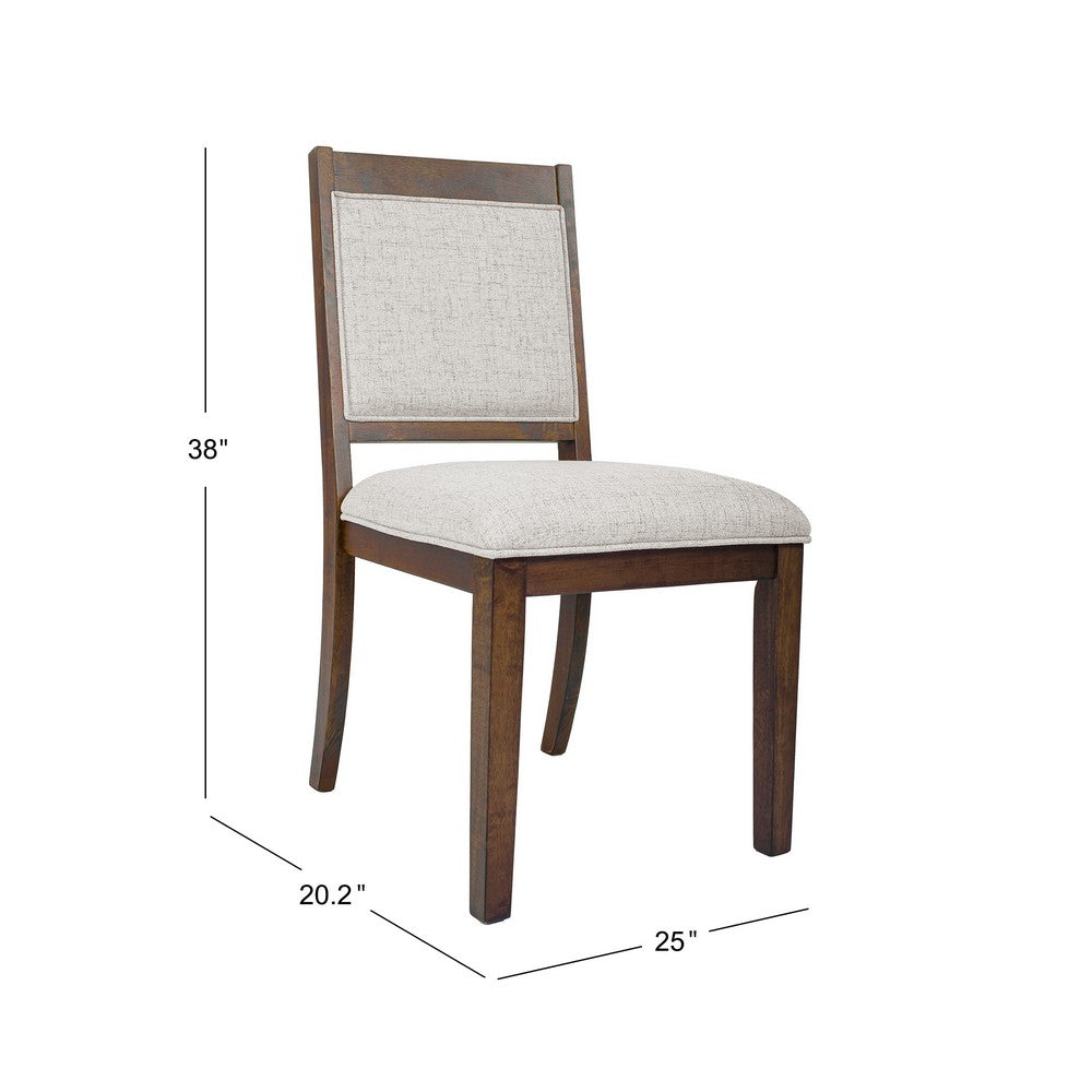 Benjara Tom Side Dining Chair Set of 2, Brown Solid Wood, Ivory Woven Fabric