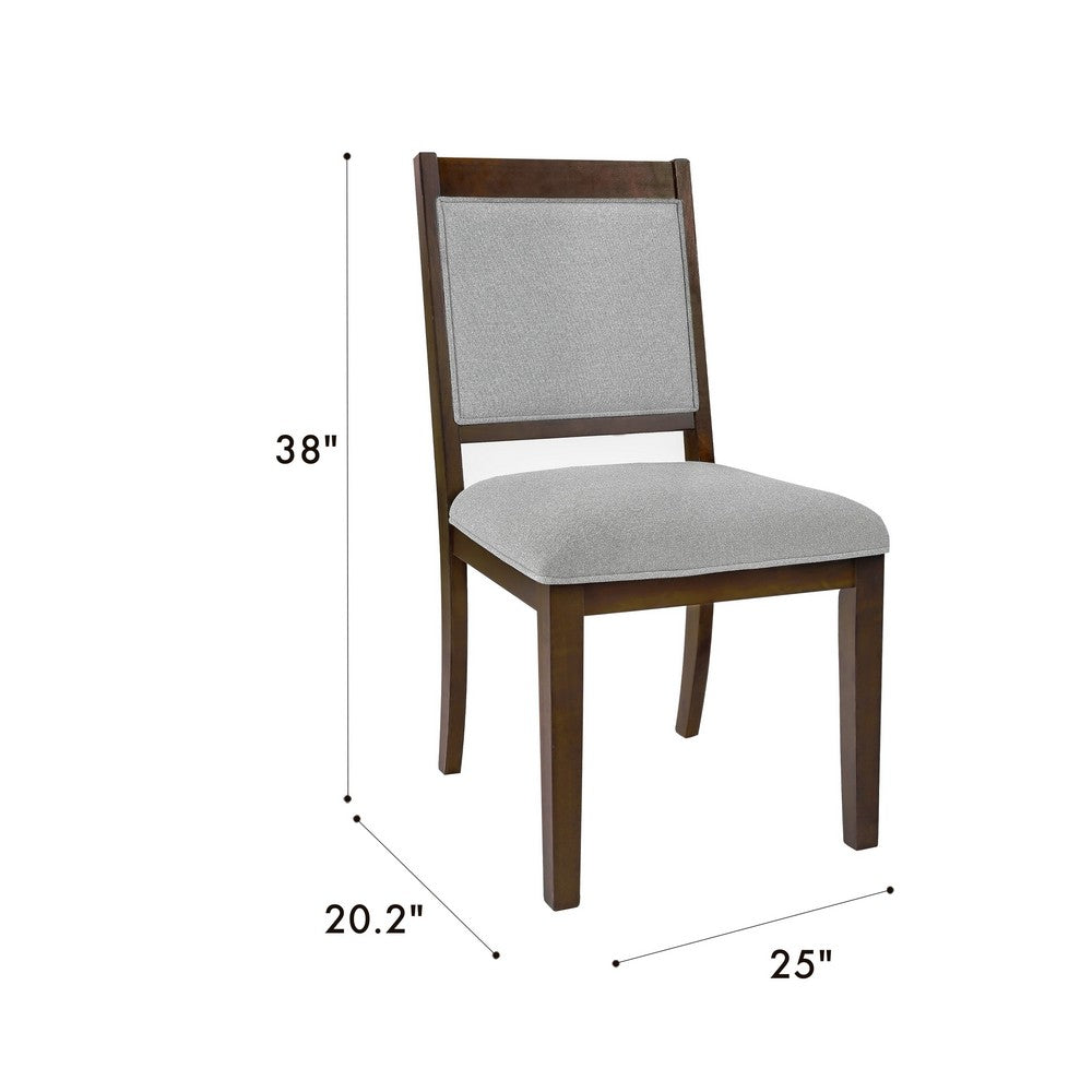 Benjara Tom Side Dining Chair Set of 2, Brown Solid Wood, Gray Woven Fabric