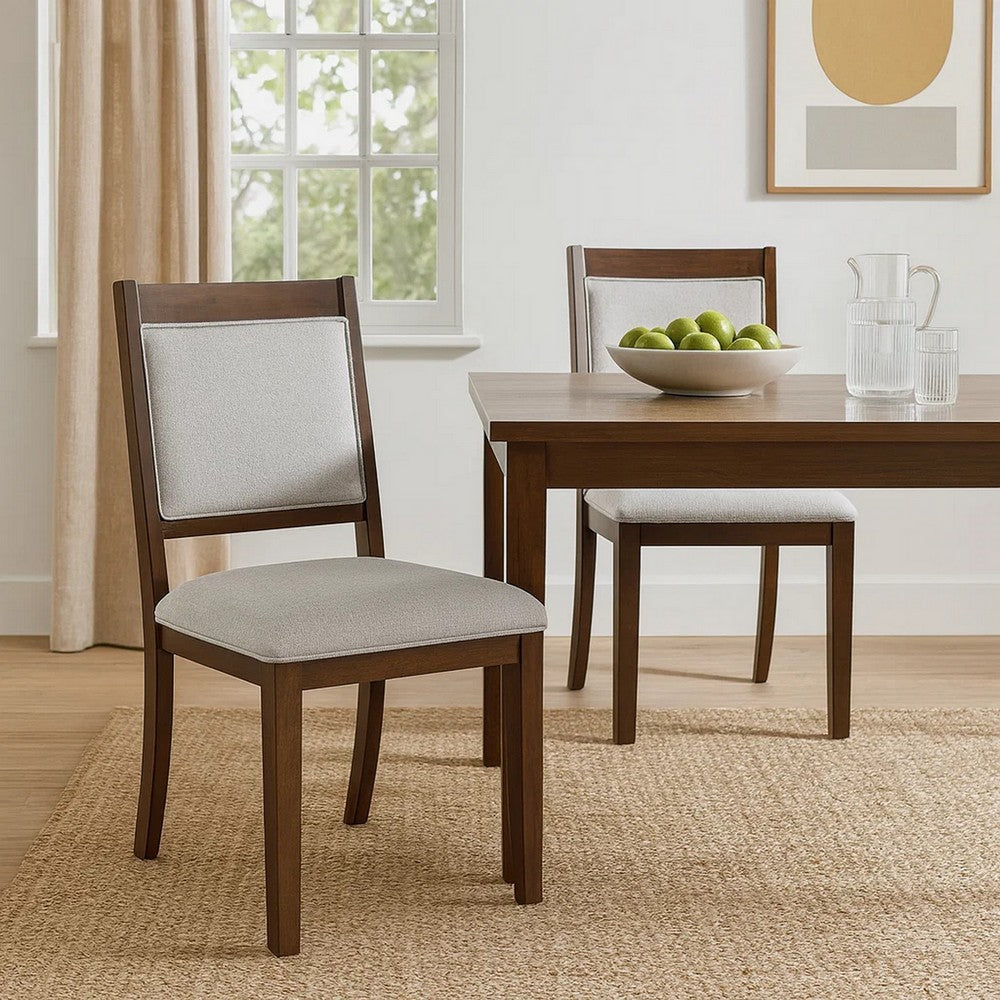 Benjara Tom Side Dining Chair Set of 2, Brown Solid Wood, Gray Woven Fabric