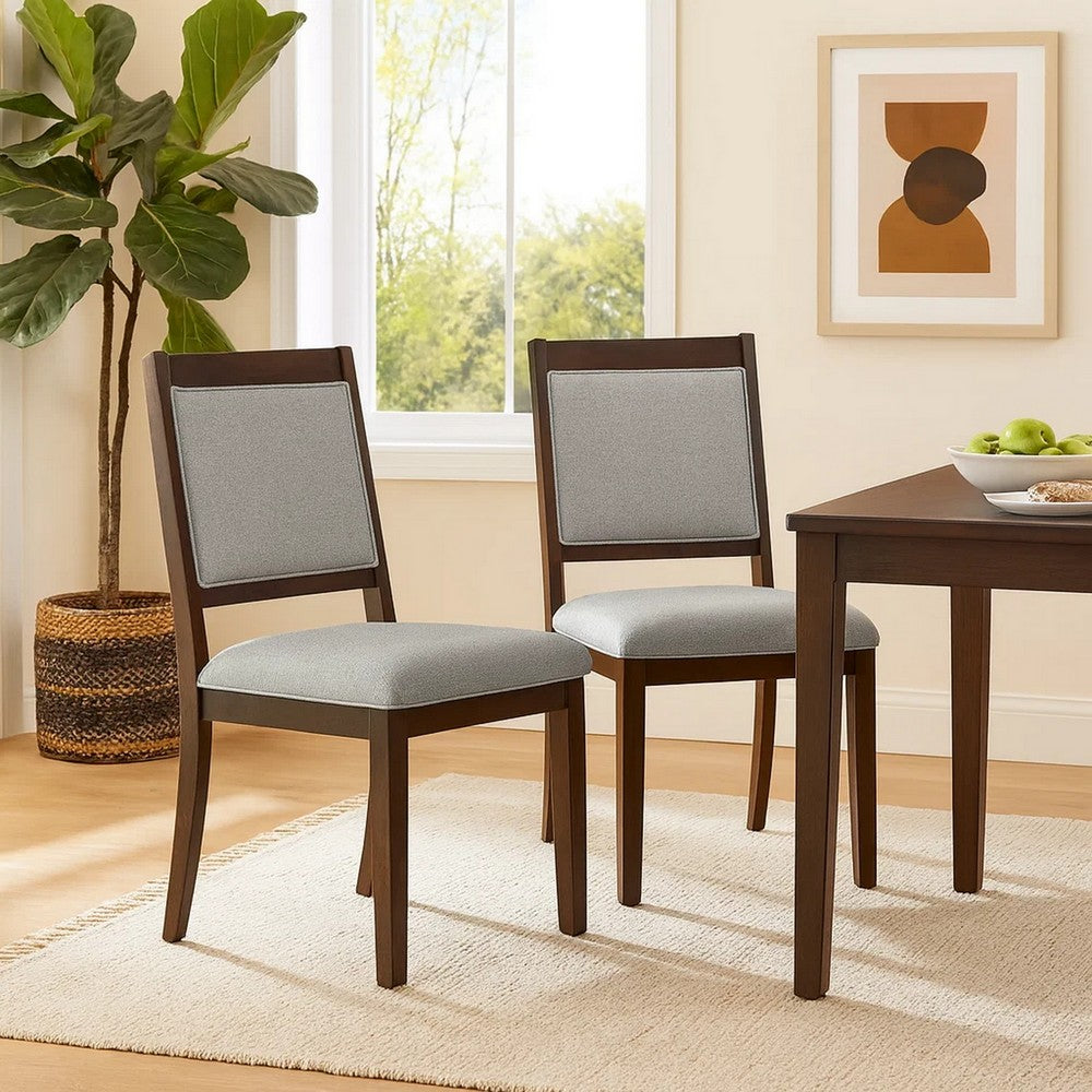 Benjara Tom Side Dining Chair Set of 2, Brown Solid Wood, Gray Woven Fabric
