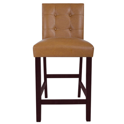 Benjara Popa Counter Stool Chair Set of 2, Brown Faux Leather, Tufted Back