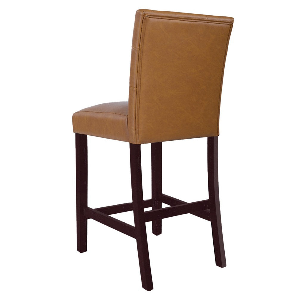 Benjara Popa Counter Stool Chair Set of 2, Brown Faux Leather, Tufted Back