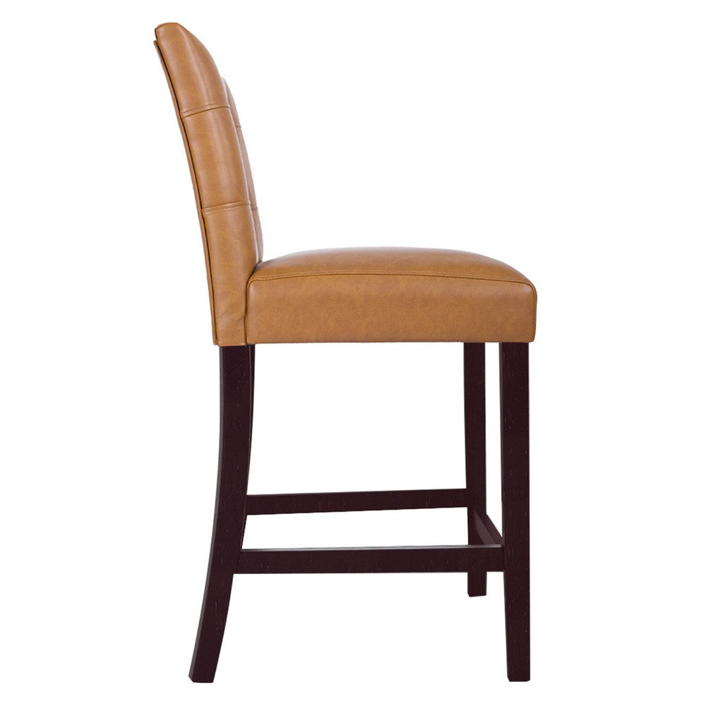 Benjara Popa Counter Stool Chair Set of 2, Brown Faux Leather, Tufted Back