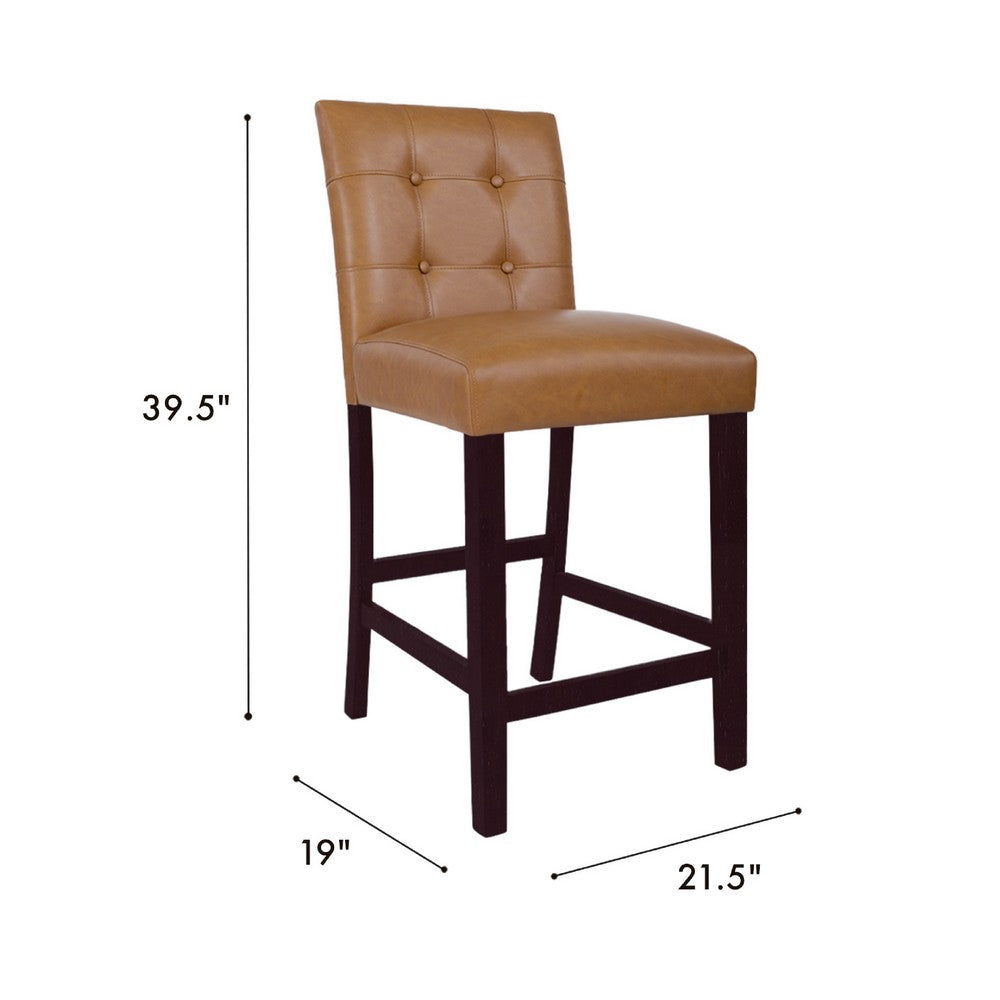 Benjara Popa Counter Stool Chair Set of 2, Brown Faux Leather, Tufted Back