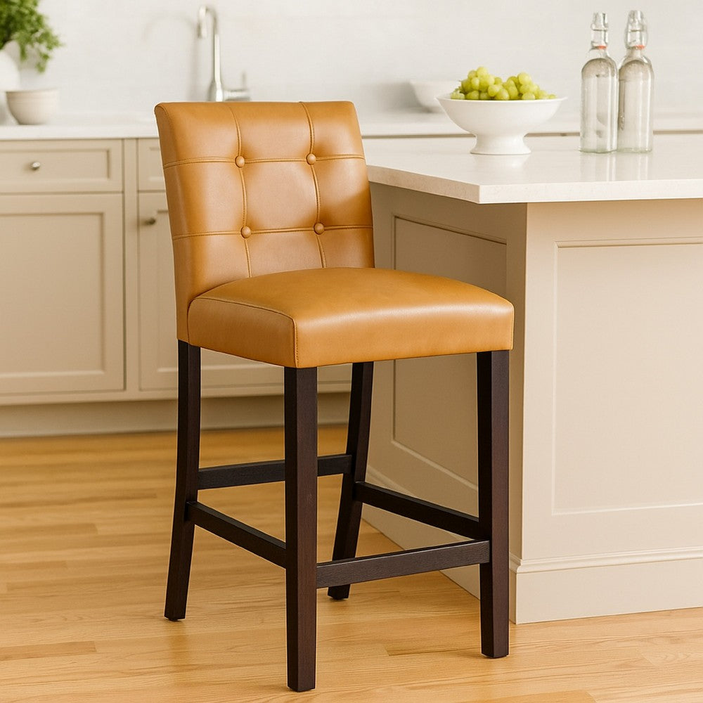 Benjara Popa Counter Stool Chair Set of 2, Brown Faux Leather, Tufted Back