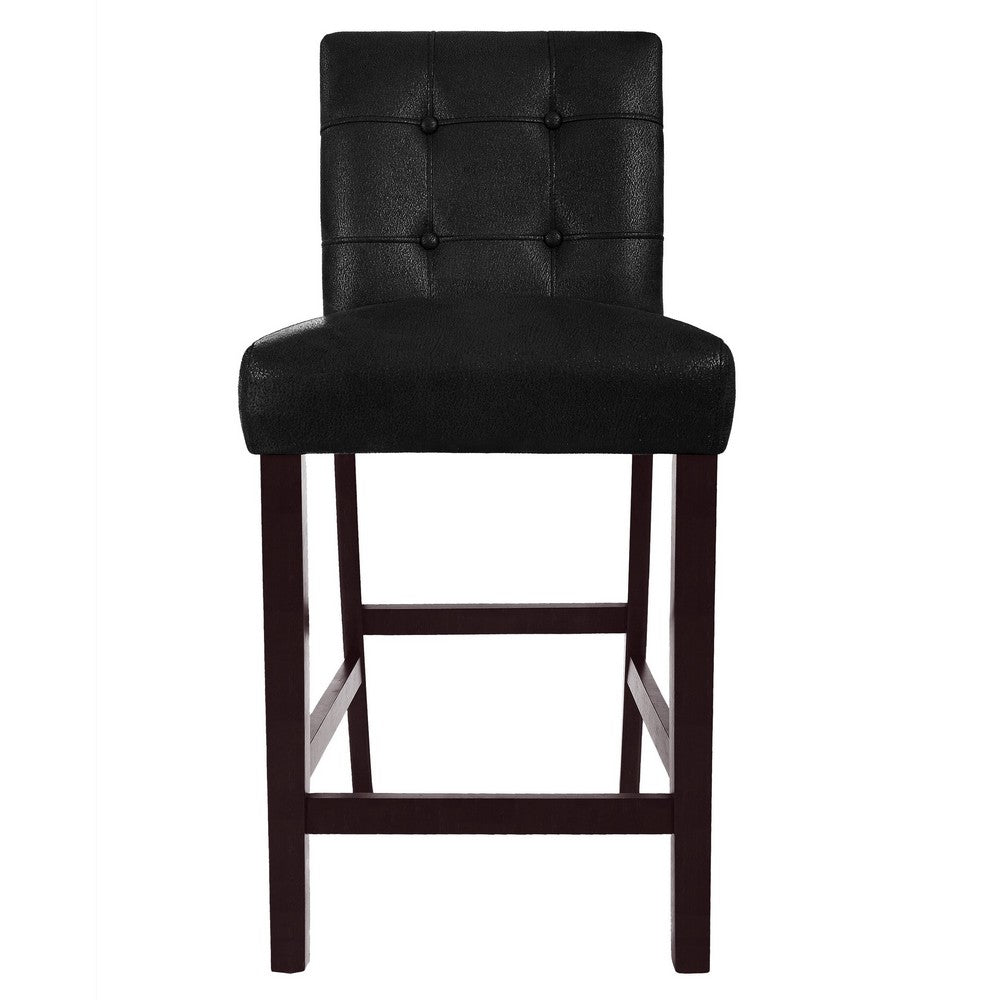 Benjara Popa Counter Stool Chair Set of 2, Black Faux Leather, Tufted Back