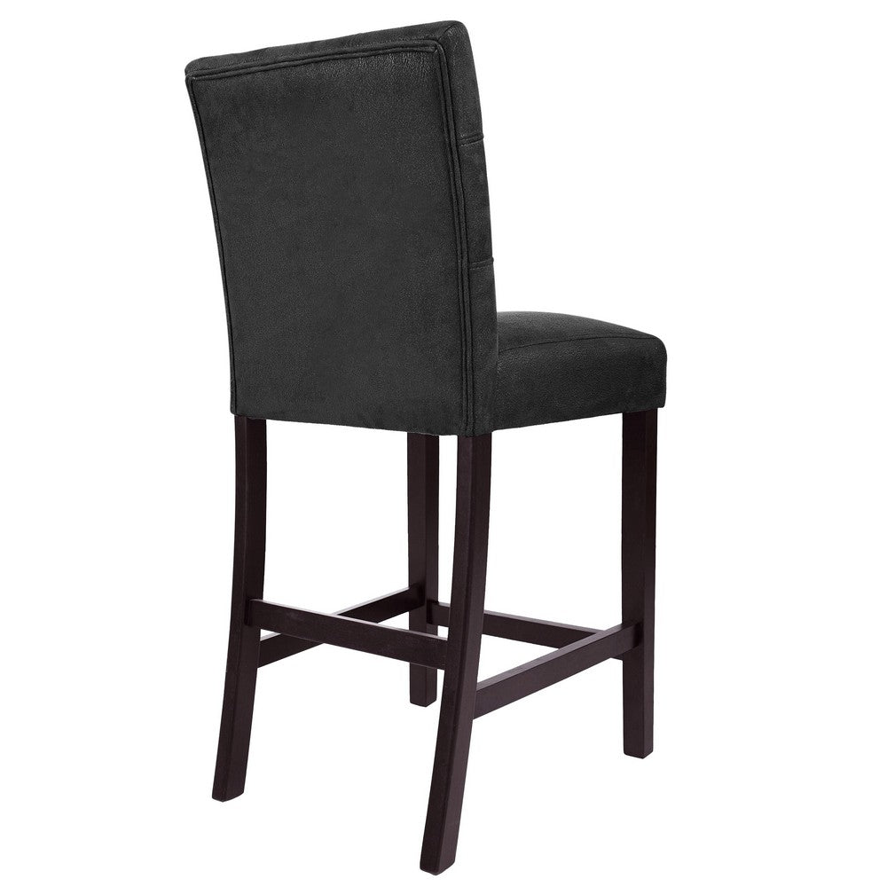 Benjara Popa Counter Stool Chair Set of 2, Black Faux Leather, Tufted Back