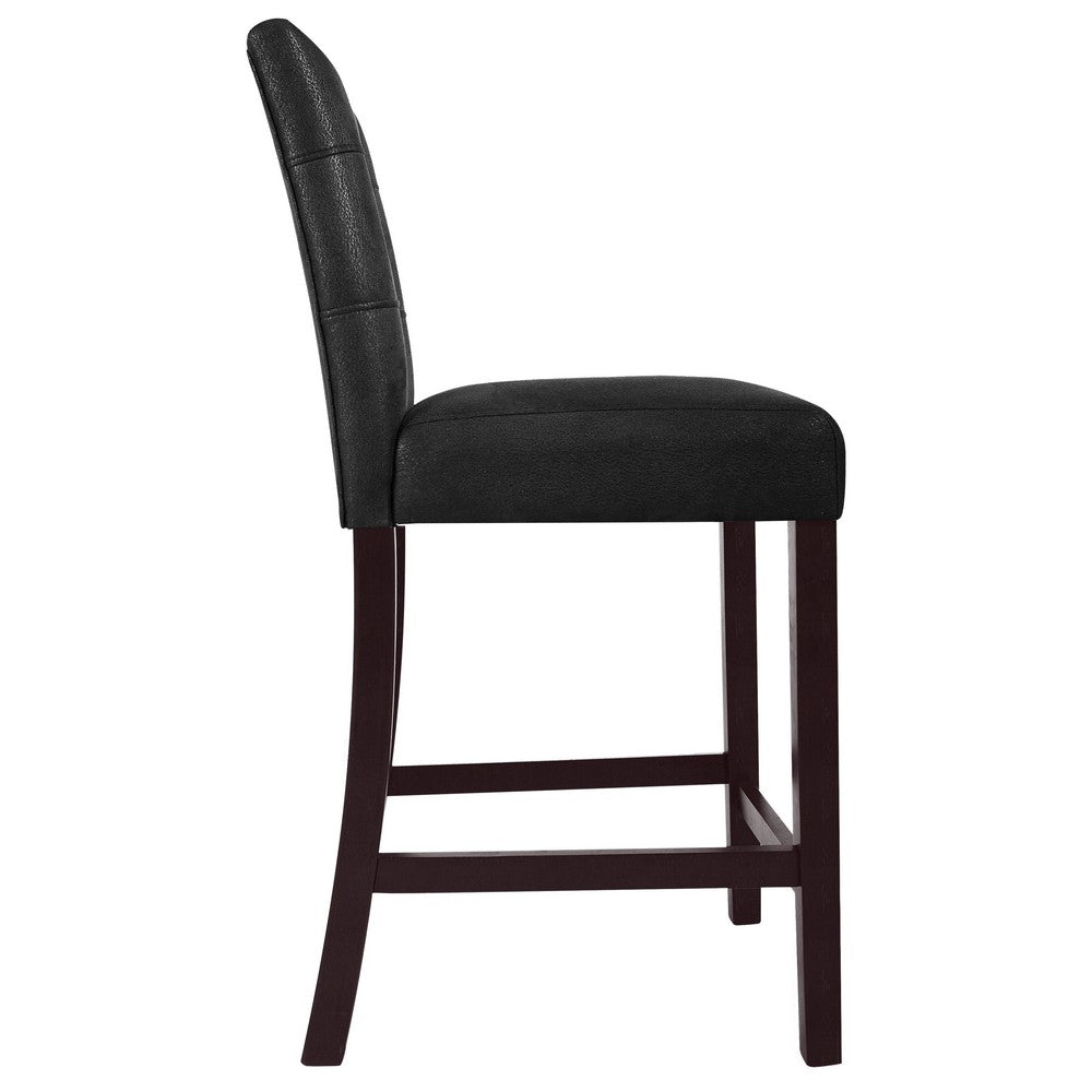 Benjara Popa Counter Stool Chair Set of 2, Black Faux Leather, Tufted Back