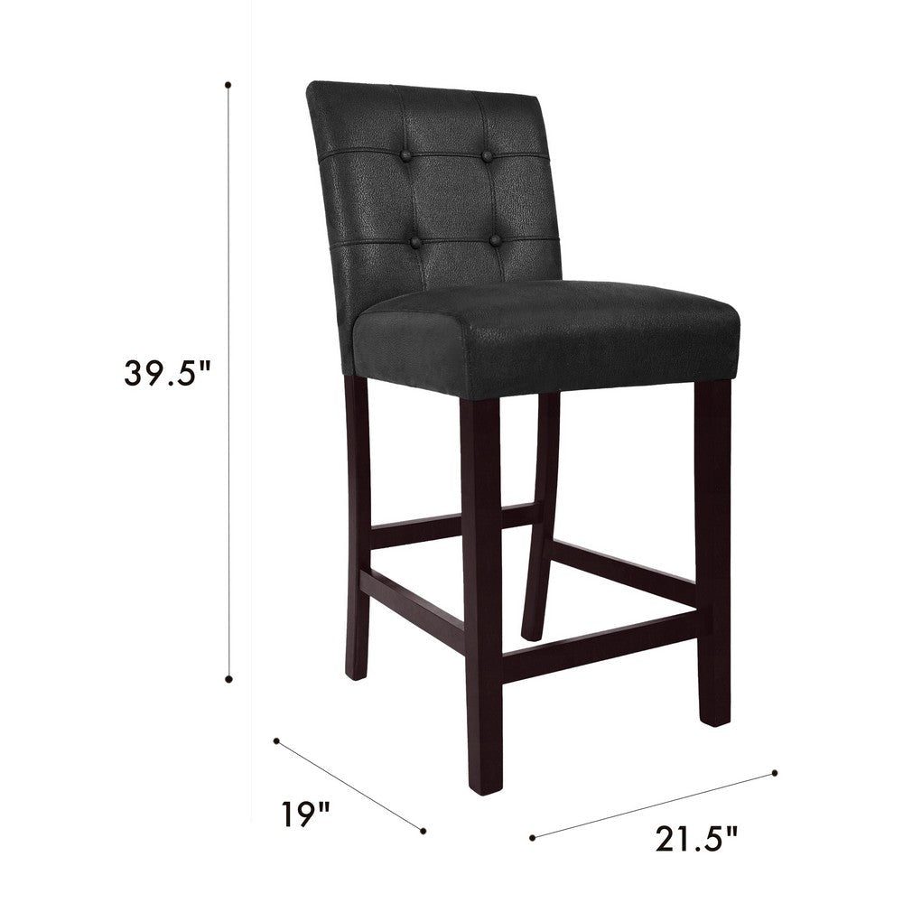 Benjara Popa Counter Stool Chair Set of 2, Black Faux Leather, Tufted Back