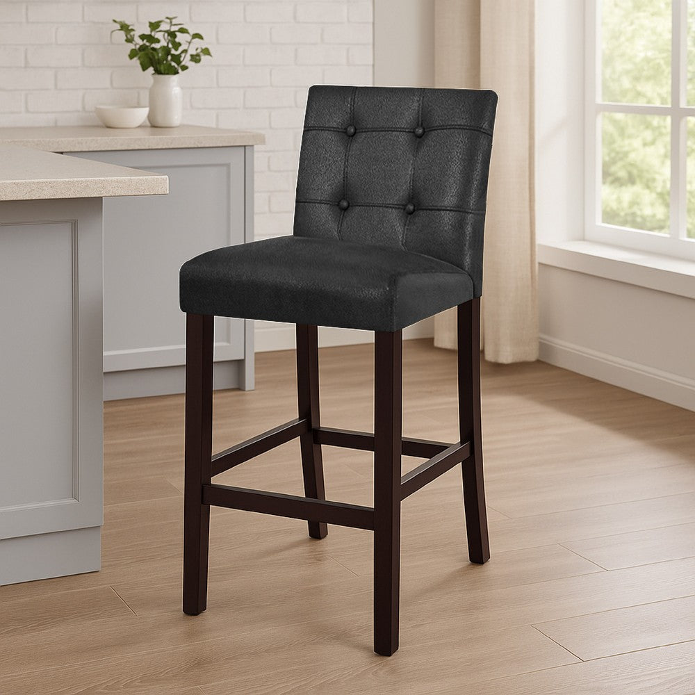 Benjara Popa Counter Stool Chair Set of 2, Black Faux Leather, Tufted Back
