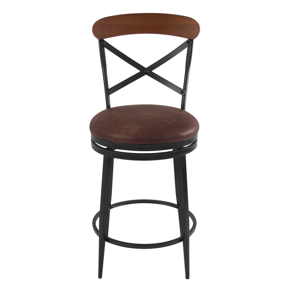 Benjara Swivel Counter Stool Chair, Industrial Black Metal, Brown Faux Leather