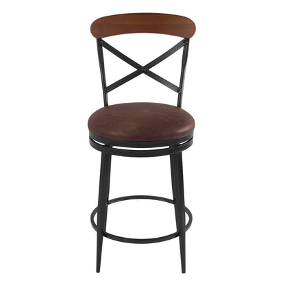 Benjara Swivel Counter Stool Chair, Industrial Black Metal, Brown Faux Leather