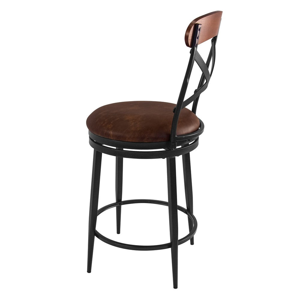 Benjara Swivel Counter Stool Chair, Industrial Black Metal, Brown Faux Leather