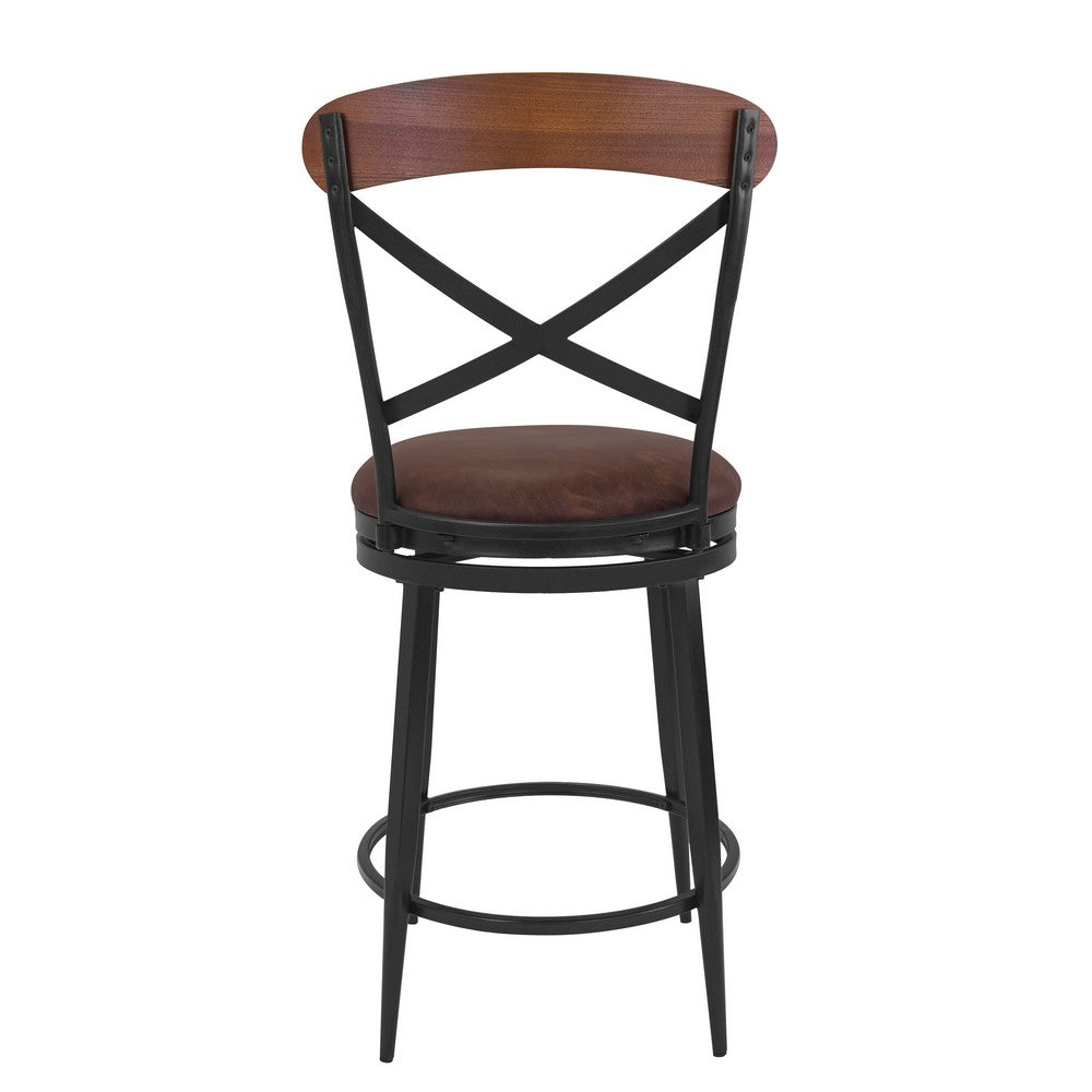 Benjara Swivel Counter Stool Chair, Industrial Black Metal, Brown Faux Leather