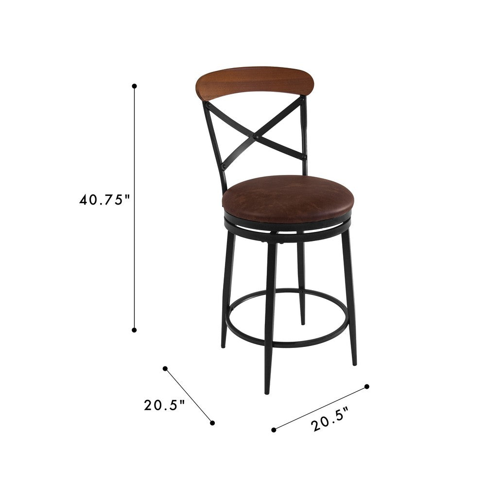 Benjara Swivel Counter Stool Chair, Industrial Black Metal, Brown Faux Leather