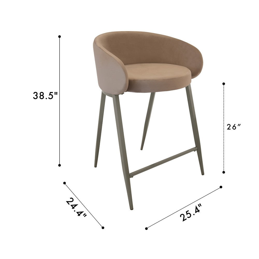 Benjara Counter Stool Chair, Modern Curved Padded Backrest, Light Brown Velvet