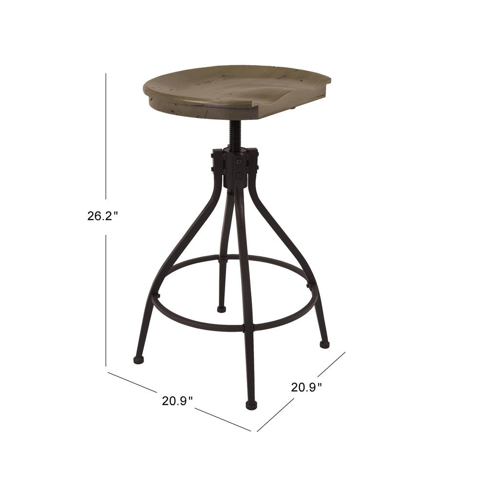 Benjara Counter Bar Stool, 26-30 Inch Adjustable Height, Brown Wood Seat