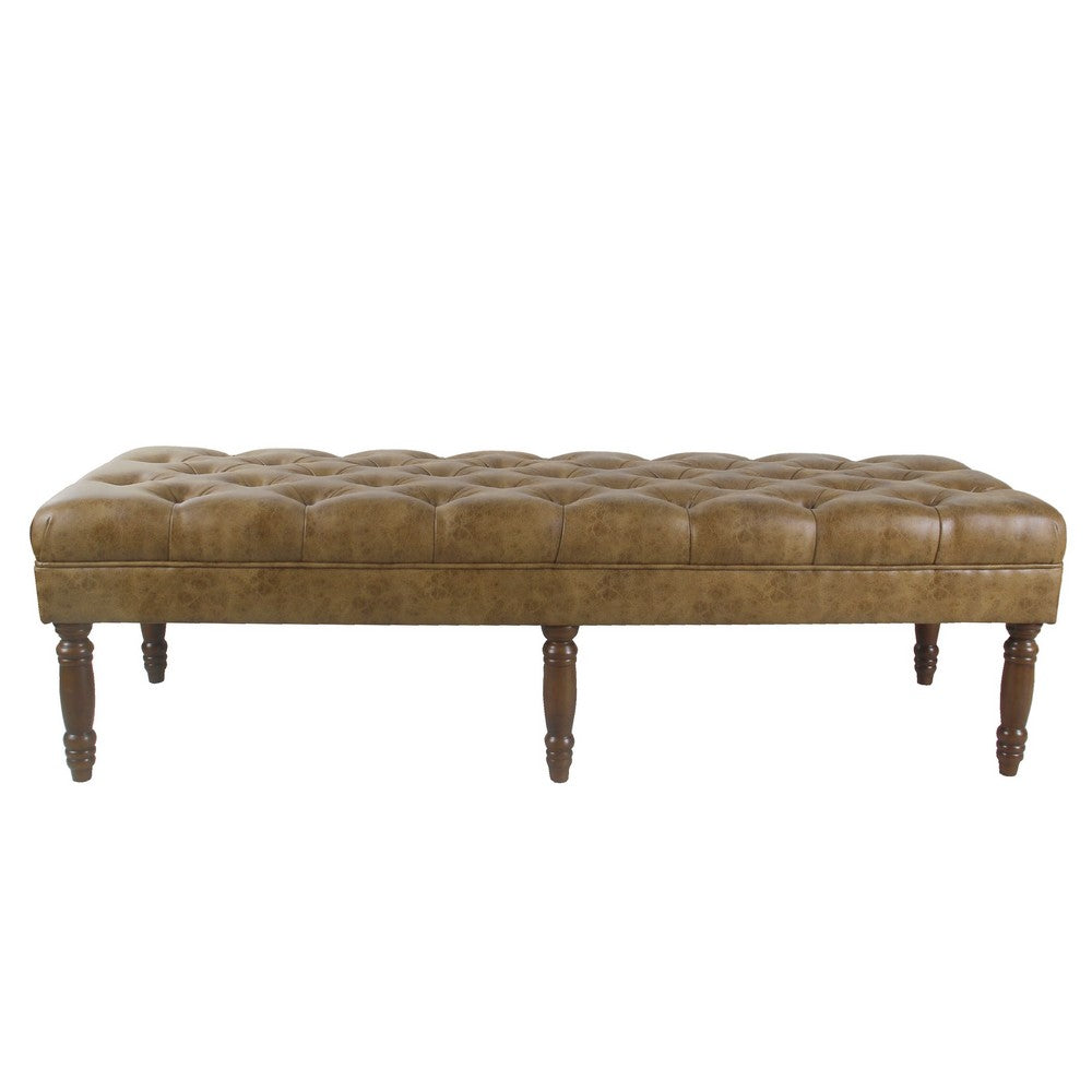 Benjara Accent Dining Bench, 64 Inch Brown Faux Leather Seat, Button Tufted