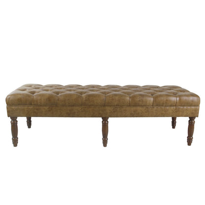 Benjara Accent Dining Bench, 64 Inch Brown Faux Leather Seat, Button Tufted