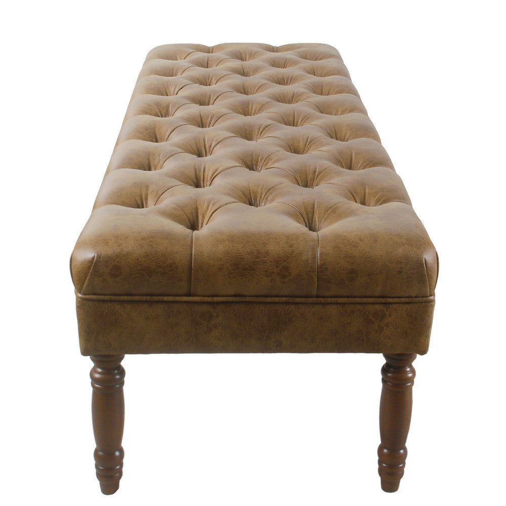 Benjara Accent Dining Bench, 64 Inch Brown Faux Leather Seat, Button Tufted
