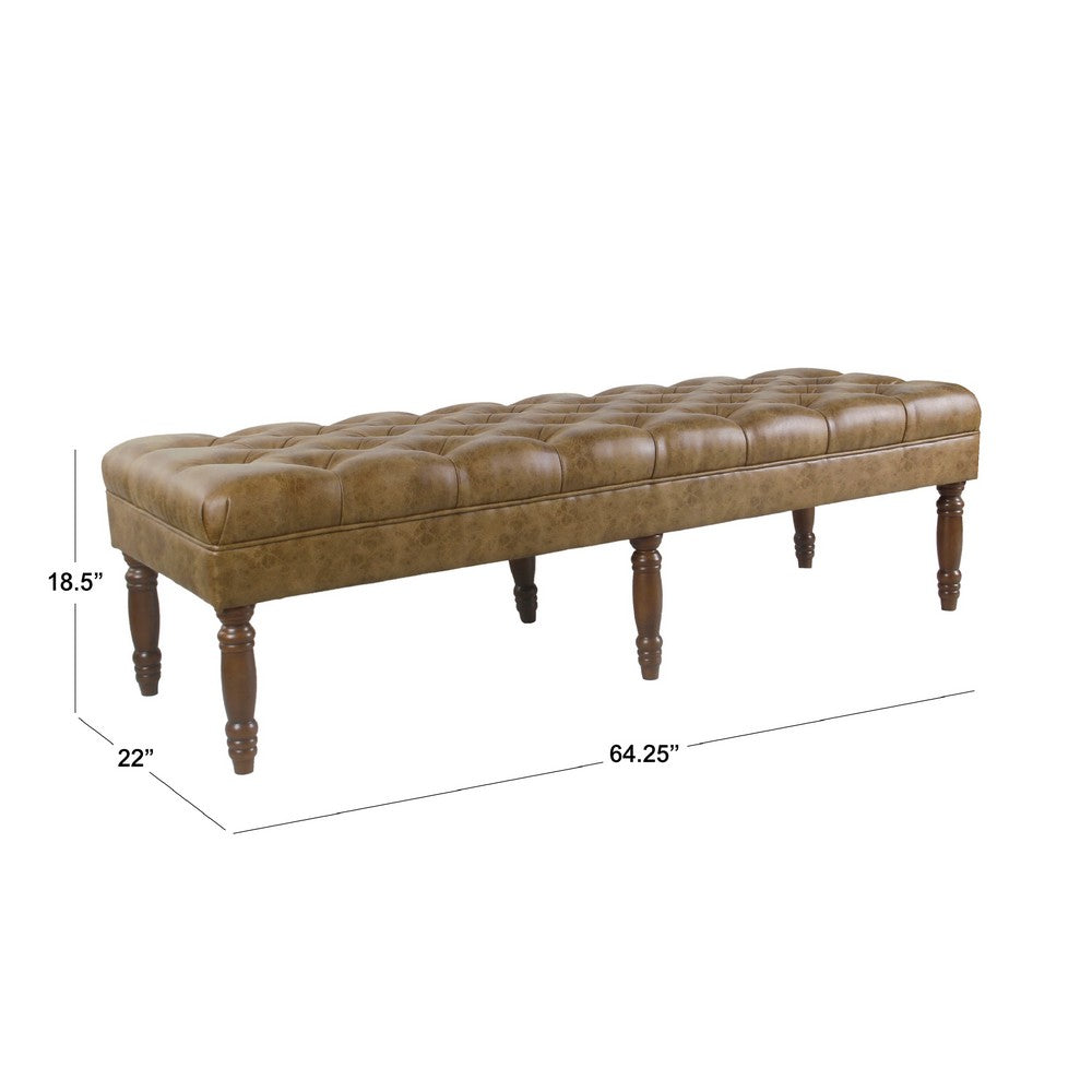 Benjara Accent Dining Bench, 64 Inch Brown Faux Leather Seat, Button Tufted