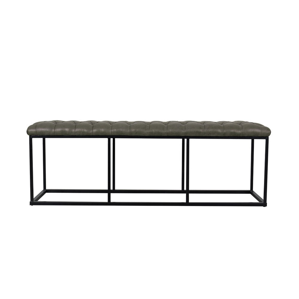 Benjara Ali Ottoman Bench, Open Metal Frame, Gray Tufted Faux Leather 52 Inch