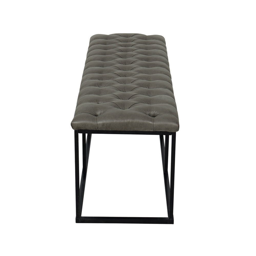 Benjara Ali Ottoman Bench, Open Metal Frame, Gray Tufted Faux Leather 52 Inch