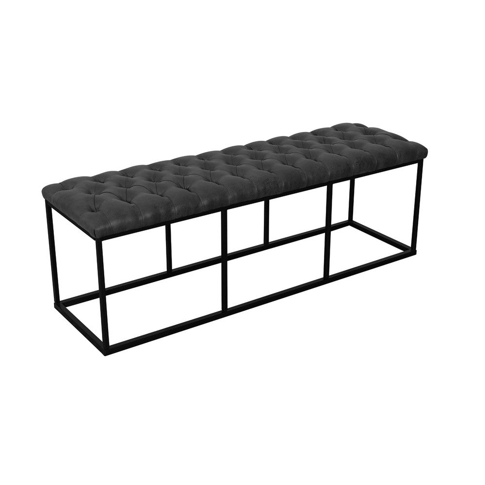 Benjara Ali Ottoman Bench, Open Metal Frame, Gray Tufted Faux Leather 52 Inch