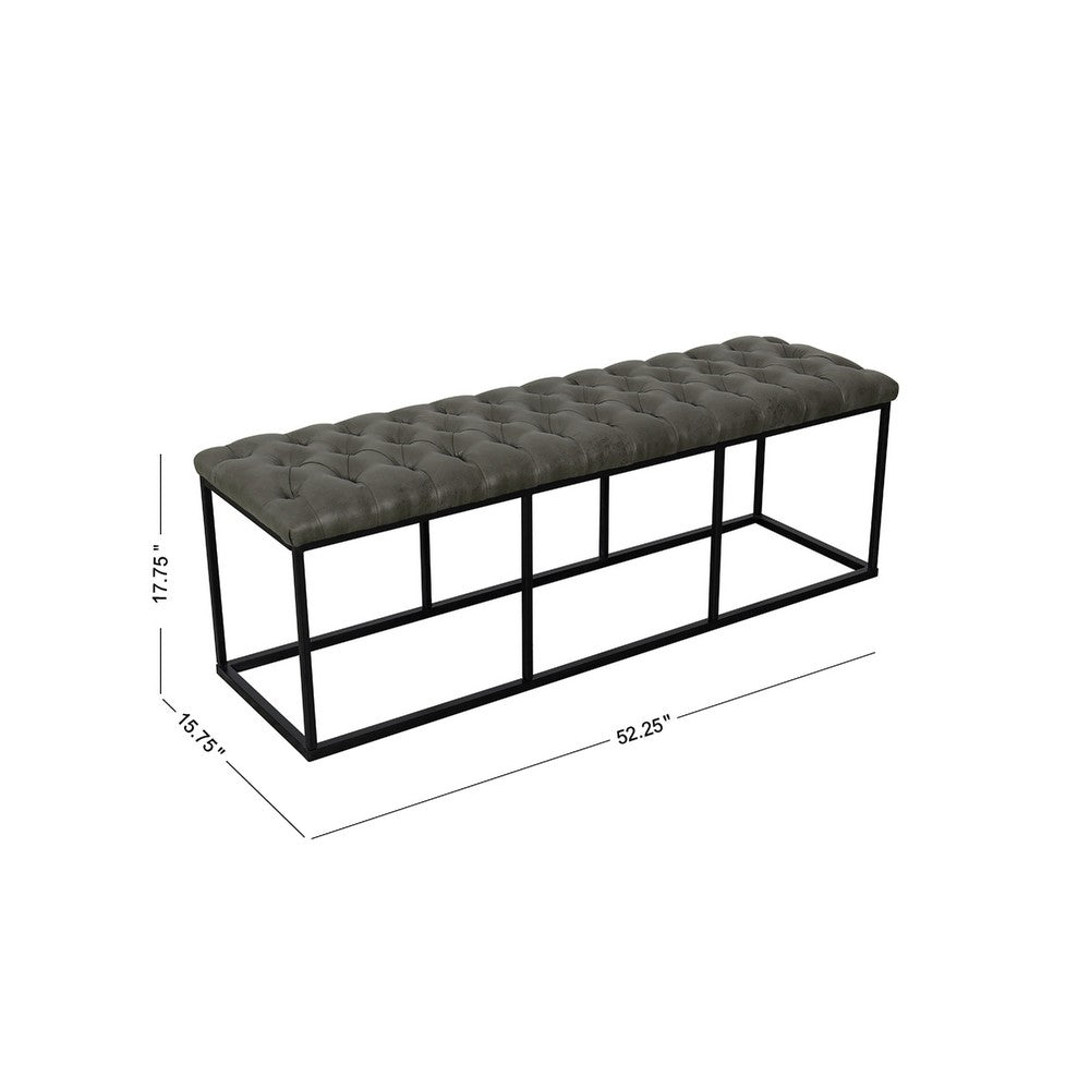Benjara Ali Ottoman Bench, Open Metal Frame, Gray Tufted Faux Leather 52 Inch