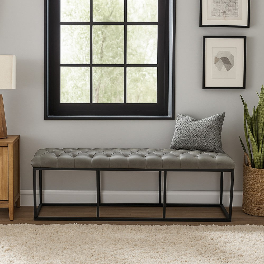 Benjara Ali Ottoman Bench, Open Metal Frame, Gray Tufted Faux Leather 52 Inch