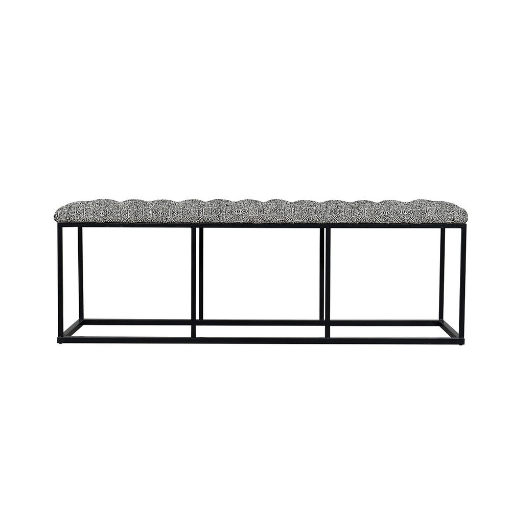 Benjara Ali Ottoman Bench, Metal, Black White Button Tufted Fabric 52 Inch