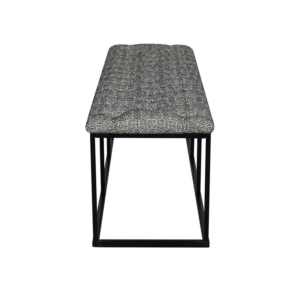Benjara Ali Ottoman Bench, Metal, Black White Button Tufted Fabric 52 Inch