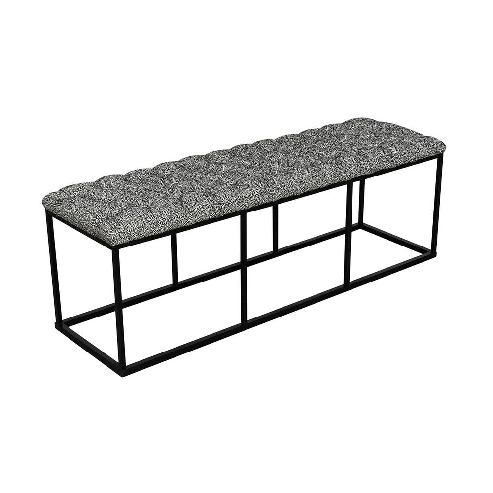 Benjara Ali Ottoman Bench, Metal, Black White Button Tufted Fabric 52 Inch